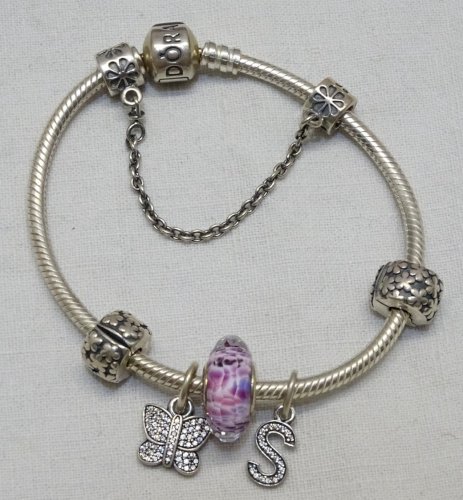 -ANCIEN BRACELET PANDORA ARGENT AVEC 5 CHARMS PAPILLON & S avec BRILLANTS     D
