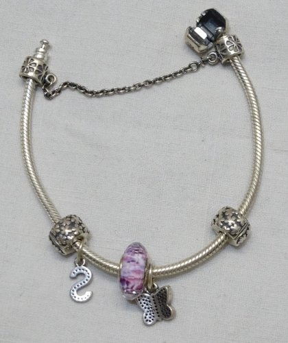 -ANCIEN BRACELET PANDORA ARGENT AVEC 5 CHARMS PAPILLON & S avec BRILLANTS     D