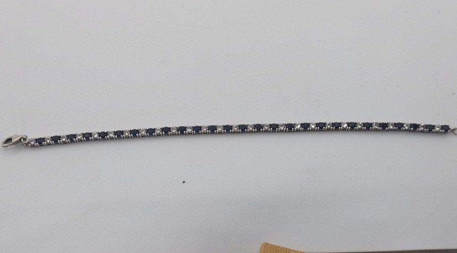Ancien bracelet zircon + pierres bleues, en argent massif