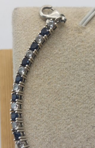 Ancien bracelet zircon + pierres bleues, en argent massif