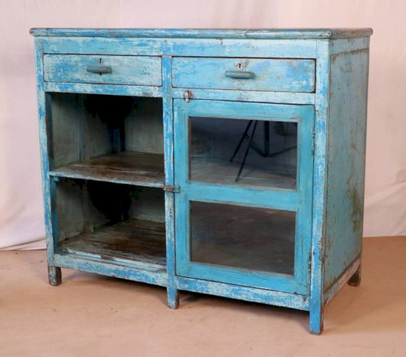 Ancien buffet en teck birmane patine bleue d’origine