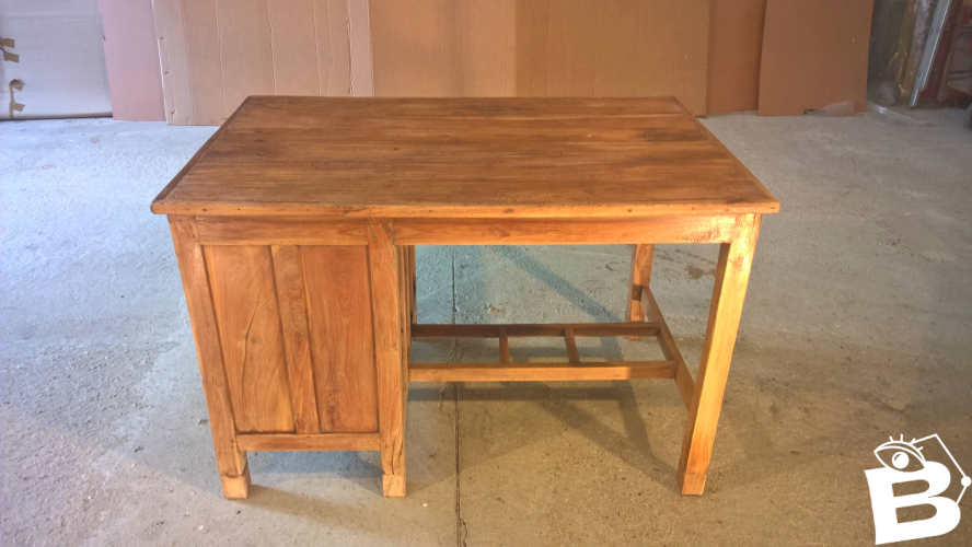 Ancien bureau en teck birman avec 1 caisson 1 porte vitrée + 1 tiroir