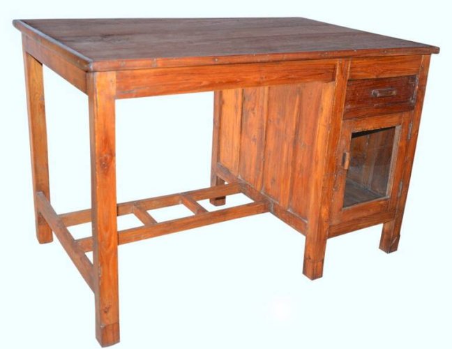 Ancien bureau en teck birman avec 1 caisson 1 porte vitrée + 1 tiroir
