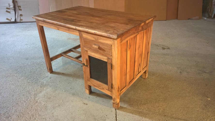 Ancien bureau en teck birman avec 1 caisson 1 porte vitrée + 1 tiroir