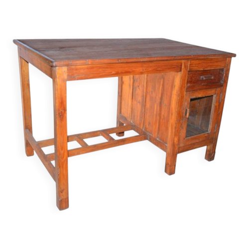 Ancien bureau en teck birman avec 1 caisson 1 porte vitrée + 1 tiroir