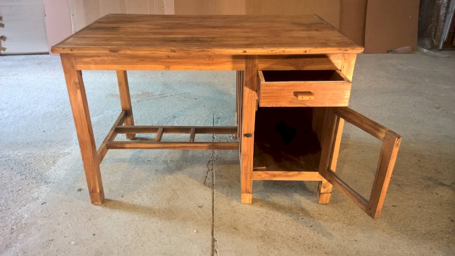 Ancien bureau en teck birman avec 1 caisson 1 porte vitrée + 1 tiroir