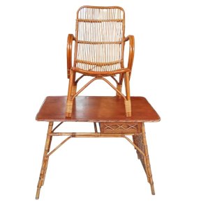 Old Office Side Table and Vintage Rattan Armchair 1970s Old Rattan