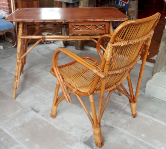 Ancien Bureau Table D appoint  Et Fauteuil Vintage Rotin Années 1970 Old Rattan