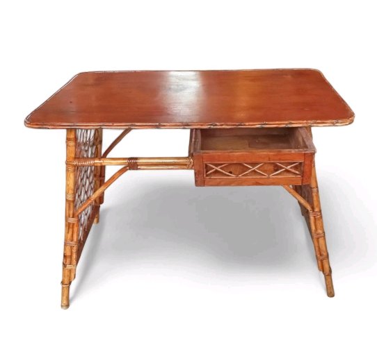 Ancien Bureau Table D appoint  Et Fauteuil Vintage Rotin Années 1970 Old Rattan