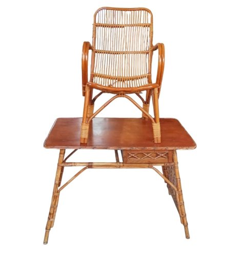 Ancien Bureau Table D appoint  Et Fauteuil Vintage Rotin Années 1970 Old Rattan