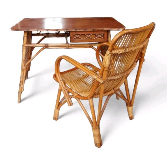 Ancien Bureau Table D appoint  Et Fauteuil Vintage Rotin Années 1970 Old Rattan