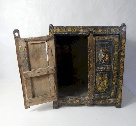 ancien cabinet coffre indien peint à la main Folk art populaire Kashmir antique