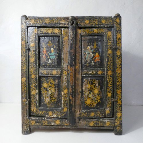 ancien cabinet coffre indien peint à la main Folk art populaire Kashmir antique