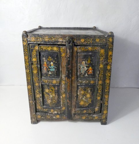 ancien cabinet coffre indien peint à la main Folk art populaire Kashmir antique