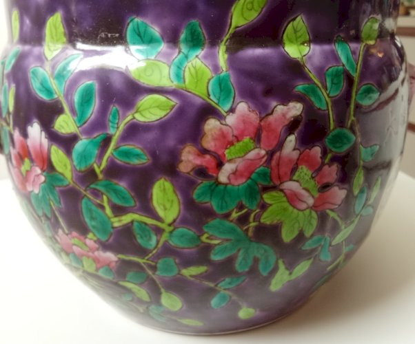 Ancien Cache Pot Asiatique Chinois Porcelaine Dayazhai 19 Ème Pivoine Oiseau