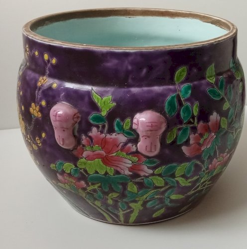 Ancien Cache Pot Asiatique Chinois Porcelaine Dayazhai 19 Ème Pivoine Oiseau