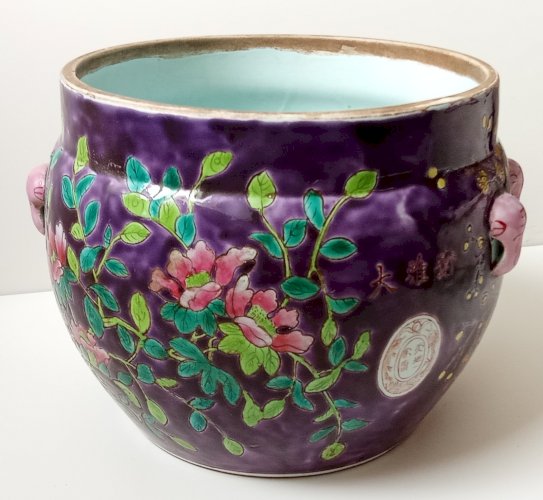 Ancien Cache Pot Asiatique Chinois Porcelaine Dayazhai 19 Ème Pivoine Oiseau