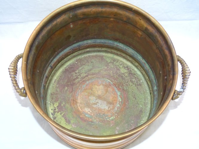 -ANCIEN CACHE POT CUIVRE POIGNEES LAITON TETES DE LION  déco XXe COLLECTION    D