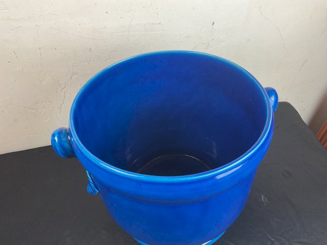 Ancien Cache pot  en céramique  bleu craquelés XIXEME