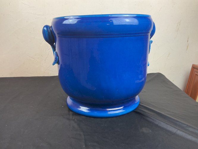 Ancien Cache pot  en céramique  bleu craquelés XIXEME