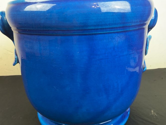 Ancien Cache pot  en céramique  bleu craquelés XIXEME