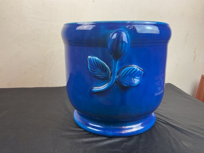 Ancien Cache pot  en céramique  bleu craquelés XIXEME