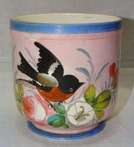 -ANCIEN CACHE POT  FAÏENCE XIXe NAPOLEON III déco 1 OISEAU PEINT et FLEURS    D