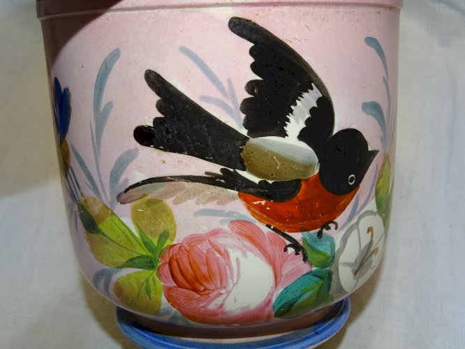 -ANCIEN CACHE POT  FAÏENCE XIXe NAPOLEON III déco 1 OISEAU PEINT et FLEURS    D
