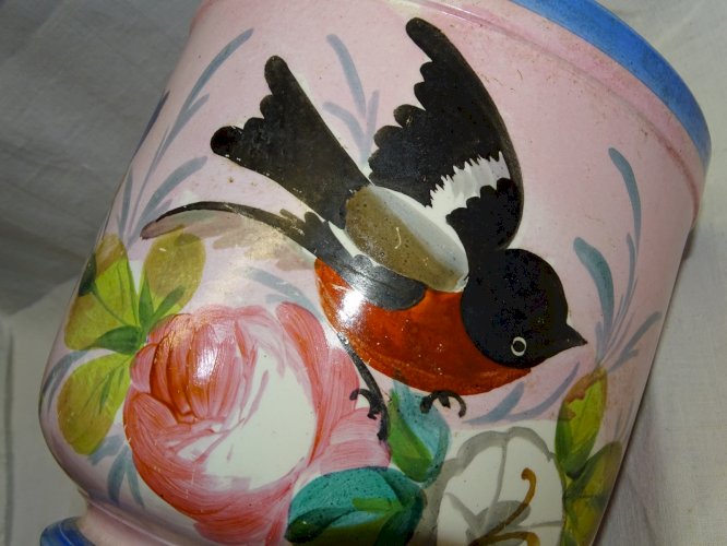 -ANCIEN CACHE POT  FAÏENCE XIXe NAPOLEON III déco 1 OISEAU PEINT et FLEURS    D