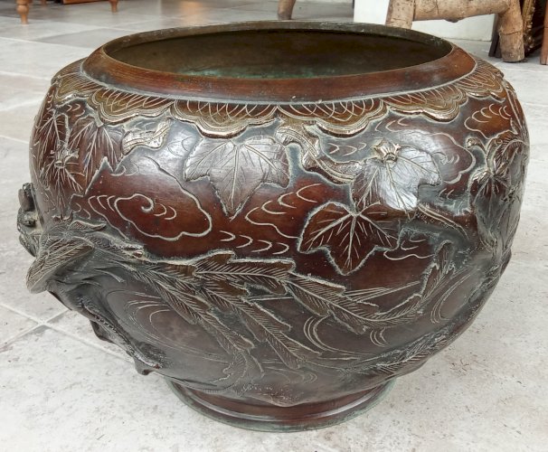 Ancien Cache Pot Vasque Bronze Asiatique Époque Meiji Décor Relief Phoenix 
