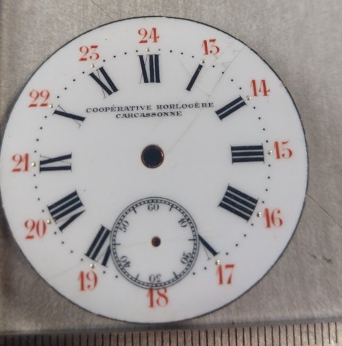 Ancien cadran de montre gousset émaillé, Coopérative Horlogère Carcassonne ^
