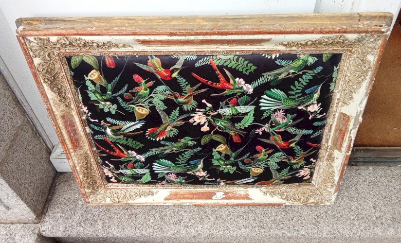 Ancien  Cadre Encadrement Intérieur Velours Décor Jungle  Pièce Unique