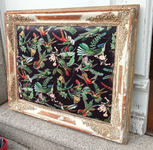 Ancien  Cadre Encadrement Intérieur Velours Décor Jungle  Pièce Unique