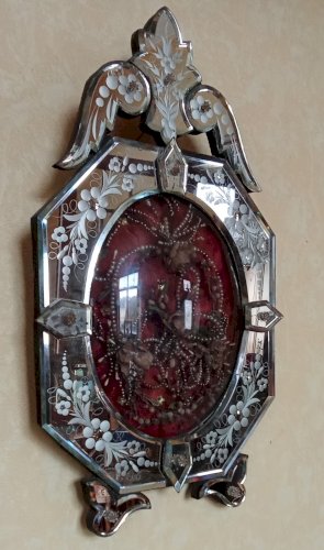 Ancien Cadre Globe Mariée Reliquaire Miroir Vénitien Venise 19 Ème Verre Bombé