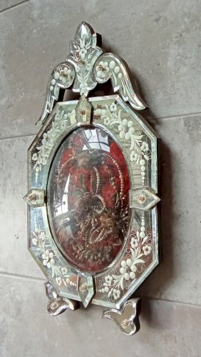 Ancien Cadre Globe Mariée Reliquaire Miroir Vénitien Venise 19 Ème Verre Bombé