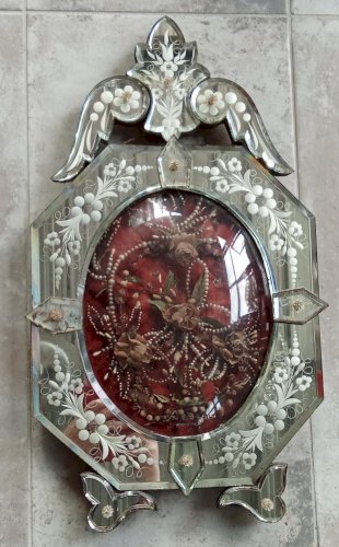 Ancien Cadre Globe Mariée Reliquaire Miroir Vénitien Venise 19 Ème Verre Bombé