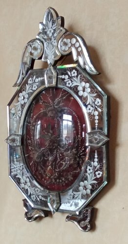 Ancien Cadre Globe Mariée Reliquaire Miroir Vénitien Venise 19 Ème Verre Bombé