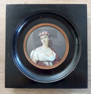Ancien Cadre portrait Peinture Miniature Femme  Signée J Gallois  19 Ème Siècle