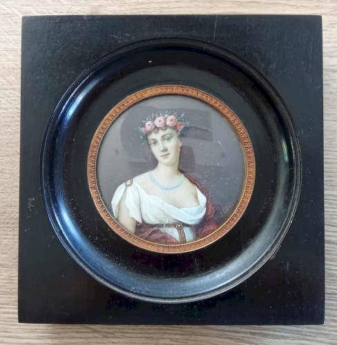 Ancien Cadre portrait Peinture Miniature Femme  Signée J Gallois  19 Ème Siècle