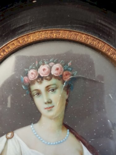 Ancien Cadre portrait Peinture Miniature Femme  Signée J Gallois  19 Ème Siècle