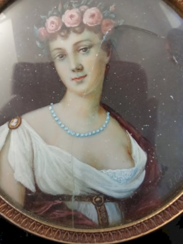 Ancien Cadre portrait Peinture Miniature Femme  Signée J Gallois  19 Ème Siècle