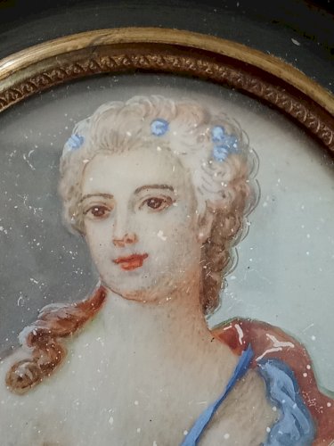 Ancien Cadre portrait Peinture Miniature Jeune Femme  18 Ème Siècle F. Boucher