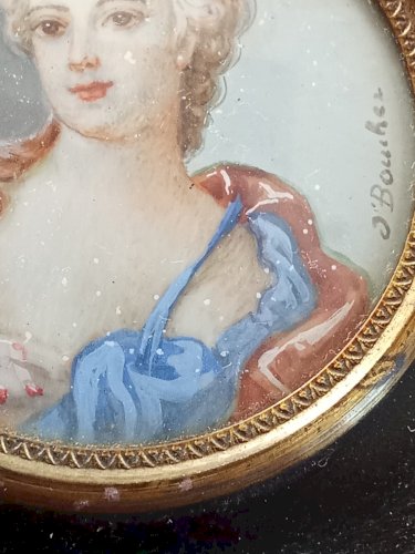 Ancien Cadre portrait Peinture Miniature Jeune Femme  18 Ème Siècle F. Boucher