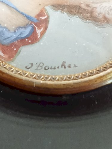 Ancien Cadre portrait Peinture Miniature Jeune Femme  18 Ème Siècle F. Boucher