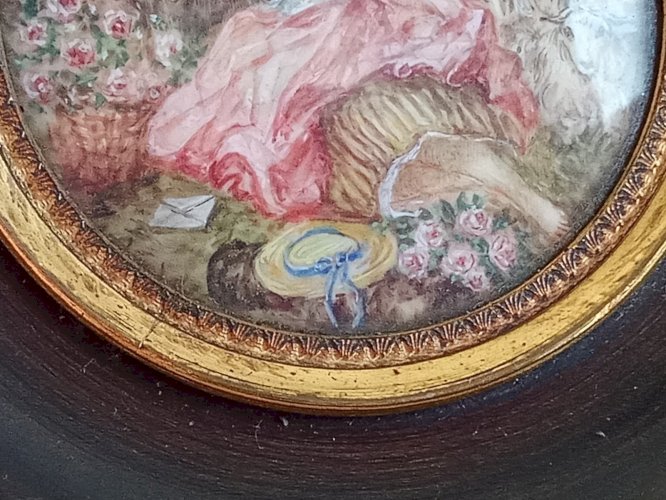 Ancien Cadre portrait Peinture Miniature Jeune Femme Romantique 19 Ème Siècle
