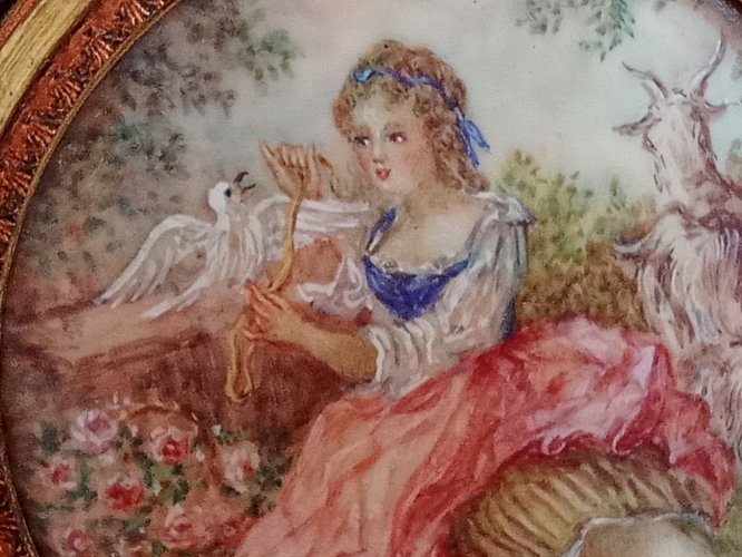 Ancien Cadre portrait Peinture Miniature Jeune Femme Romantique 19 Ème Siècle