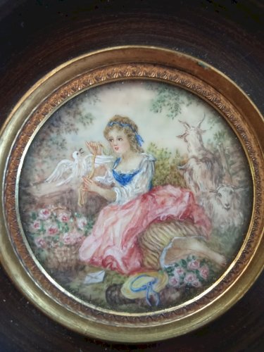 Ancien Cadre portrait Peinture Miniature Jeune Femme Romantique 19 Ème Siècle