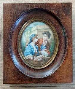 Ancien Cadre portrait Peinture Miniature Marchande Oeuf 18 Ème Siècle F. Boucher