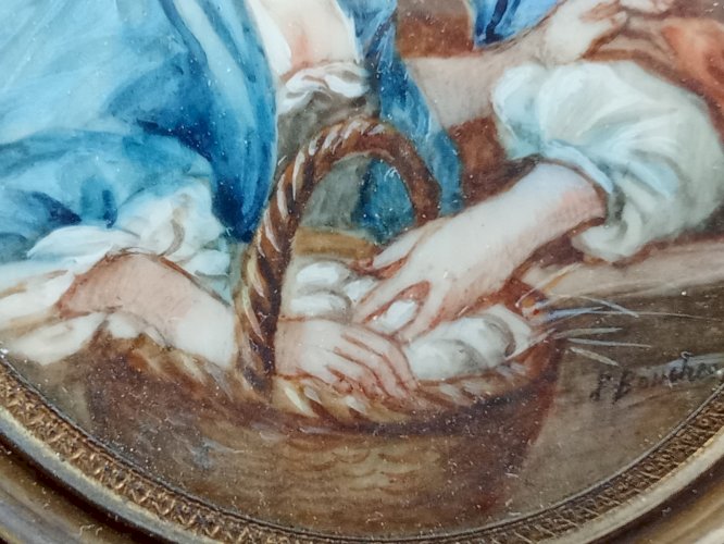 Ancien Cadre portrait Peinture Miniature Marchande Oeuf 18 Ème Siècle F. Boucher