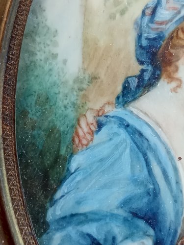 Ancien Cadre portrait Peinture Miniature Marchande Oeuf 18 Ème Siècle F. Boucher